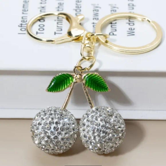Red,White,Pink Cherry Keychain/charm with Gold And Plant Accents(You Choose 1) - Picture 3 of 6